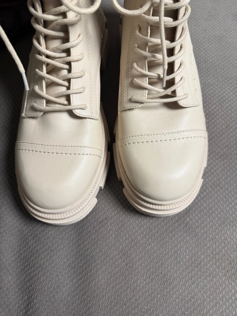 Beige Lace-Up Platform Combat Boots with Pearl & Gold Chain Detail - Picture 10 of 11